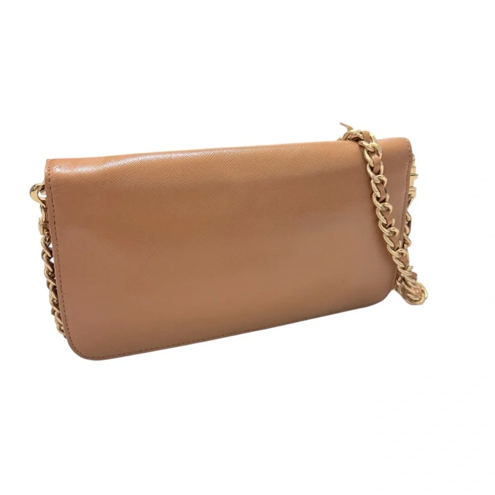 Tory Burch Sand Adalyn Clutch/Shoulder Bag in Patent Saffiano Leather Gold Chain